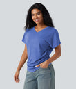 V-neck Short Sleeve Ruched Relaxed Casual Top - Sky Blue Floral Yarn
