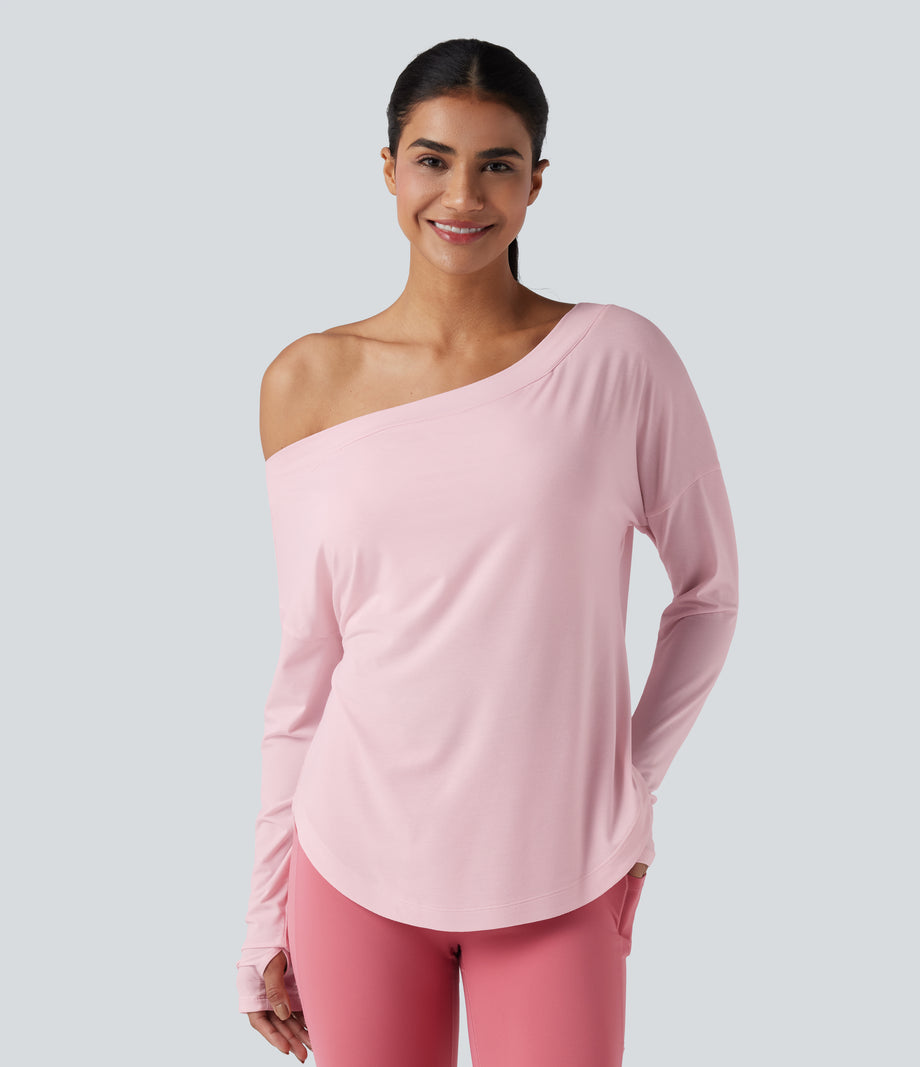 One Shoulder Long Sleeve Thumb Hole Curved Hem High Low Quick Dry Yoga Sports Top-Built-in Bra - Pale Lilac