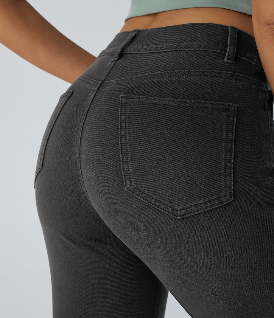 Halara Flex™ High Waisted Pockets Straight Leg Washed Casual Jeans - Deep Ink Black Denim