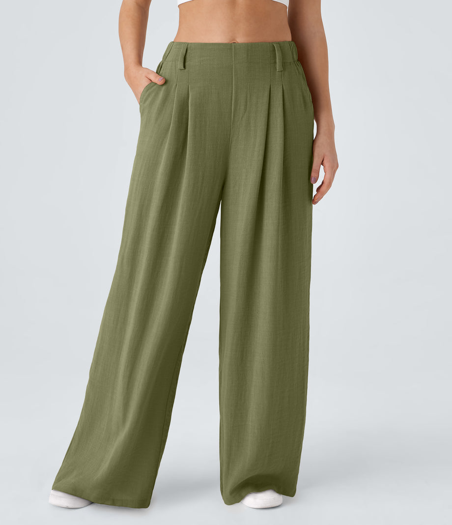 High Waisted Pocket Wide Leg Flowy Solid Palazzo Casual Linen-Feel Pants - Sphagnum