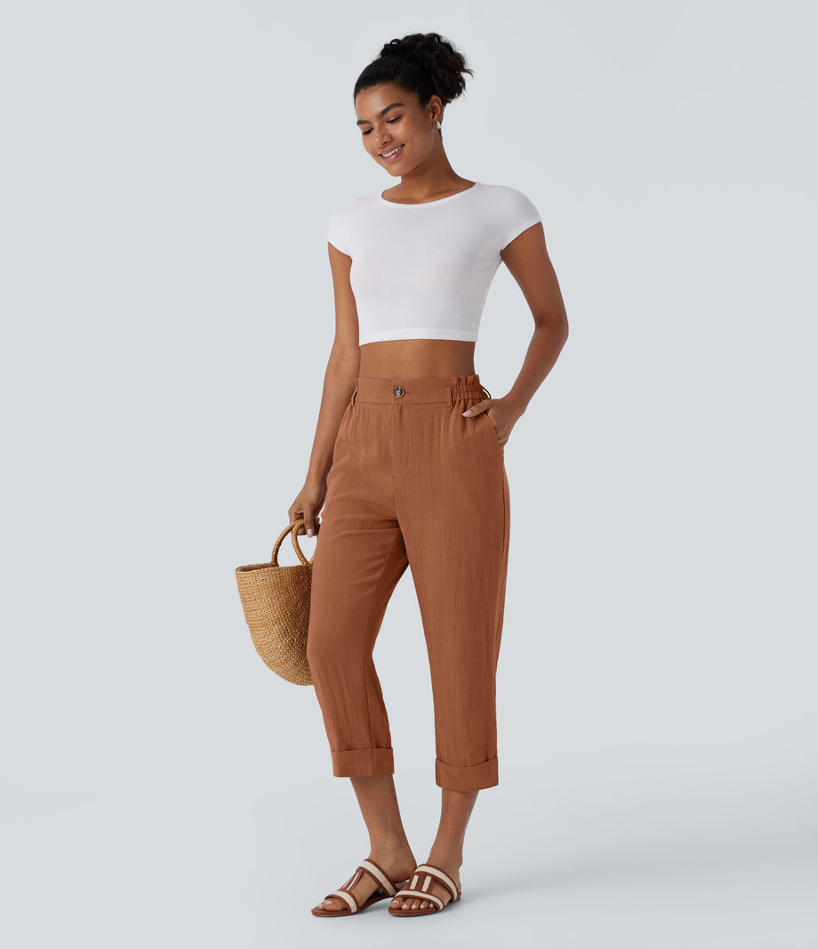 High Waisted Zipper Pocket Cropped Linen-Feel Pants - Sierra