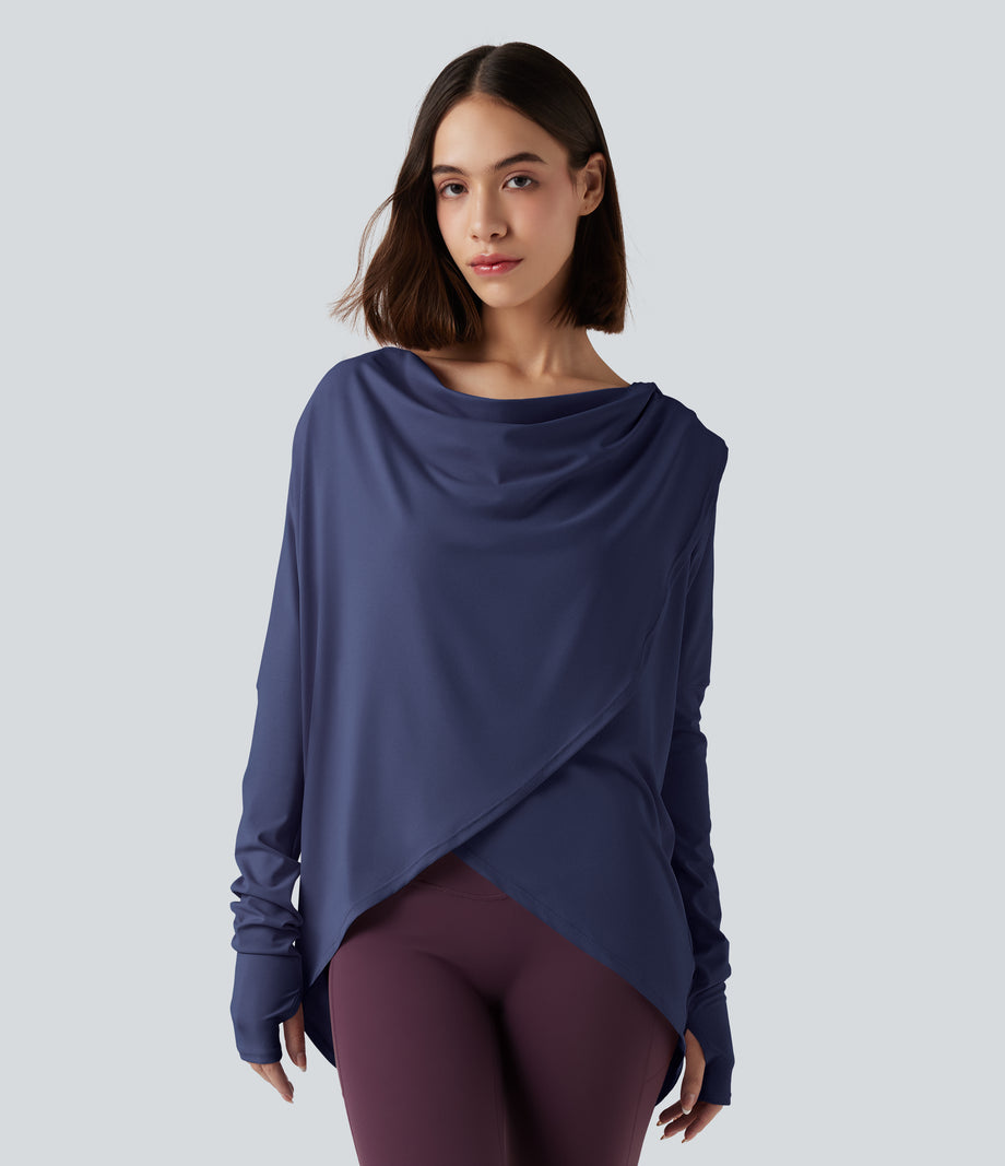 Hooded Cowl Neck Long Sleeve Thumb Hole Yoga Sports Top with Pockets - Patriot Blue