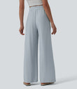 High Waisted Drawstring Wide Leg Casual Linen-Blend Pants with Pockets - Baby Blue
