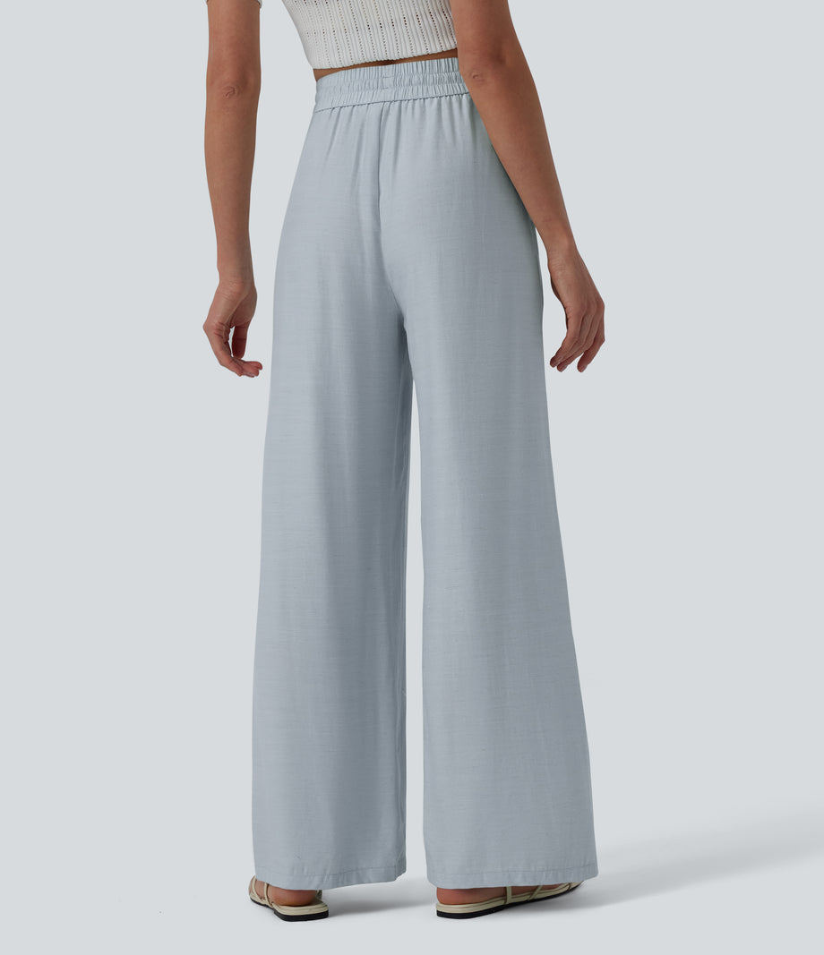 High Waisted Drawstring Wide Leg Casual Linen-Blend Pants with Pockets - Baby Blue