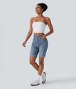 Halara Flex™ High Waisted Pockets Rolled Hem Washed Denim Casual Bermuda Shorts - Blue Spruce Denim