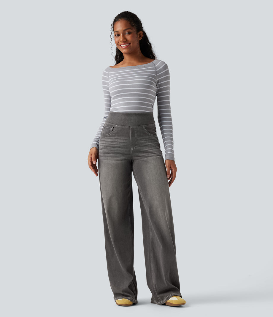 Halara Flex™ High Waisted Stripe Wide Leg Flowy Washed Casual Jeans with Pockets - Iron Gate Denim
