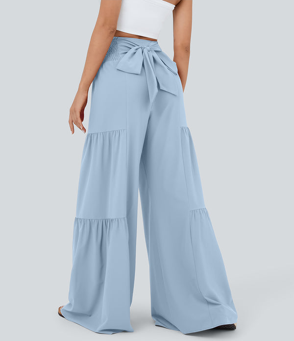 Breezeful™ High Waisted Shirred Tie Front & Back Wide Leg Flowy Quick Dry Casual Pants - Thin Ice Blue