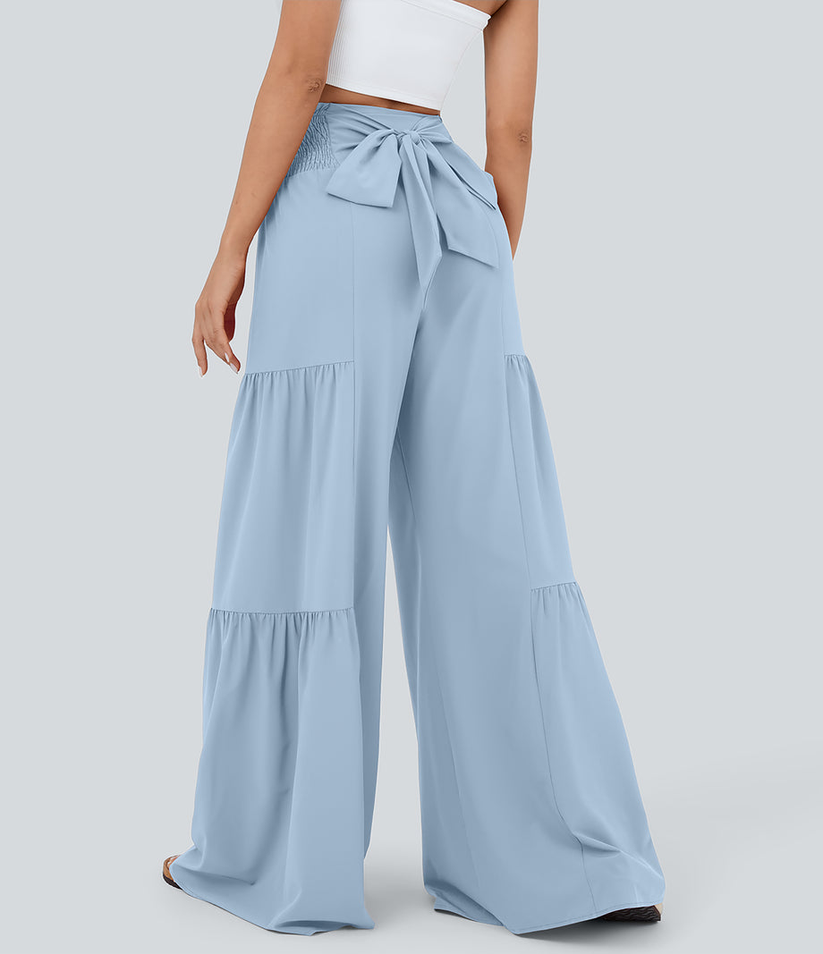 Breezeful™ High Waisted Shirred Tie Front & Back Wide Leg Flowy Quick Dry Casual Pants - Thin Ice Blue