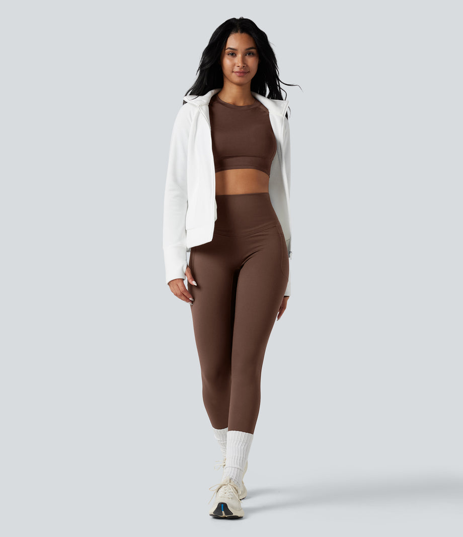 Halara Ultrasculpt™ Heat High Waisted Tummy Control Crossover Back Fleece Running Leggings with Pockets - Pinecone