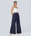 Breezeful™ High Waisted Shirred Tie Front & Back Wide Leg Flowy Quick Dry Casual Pants - Black Diamond Blue