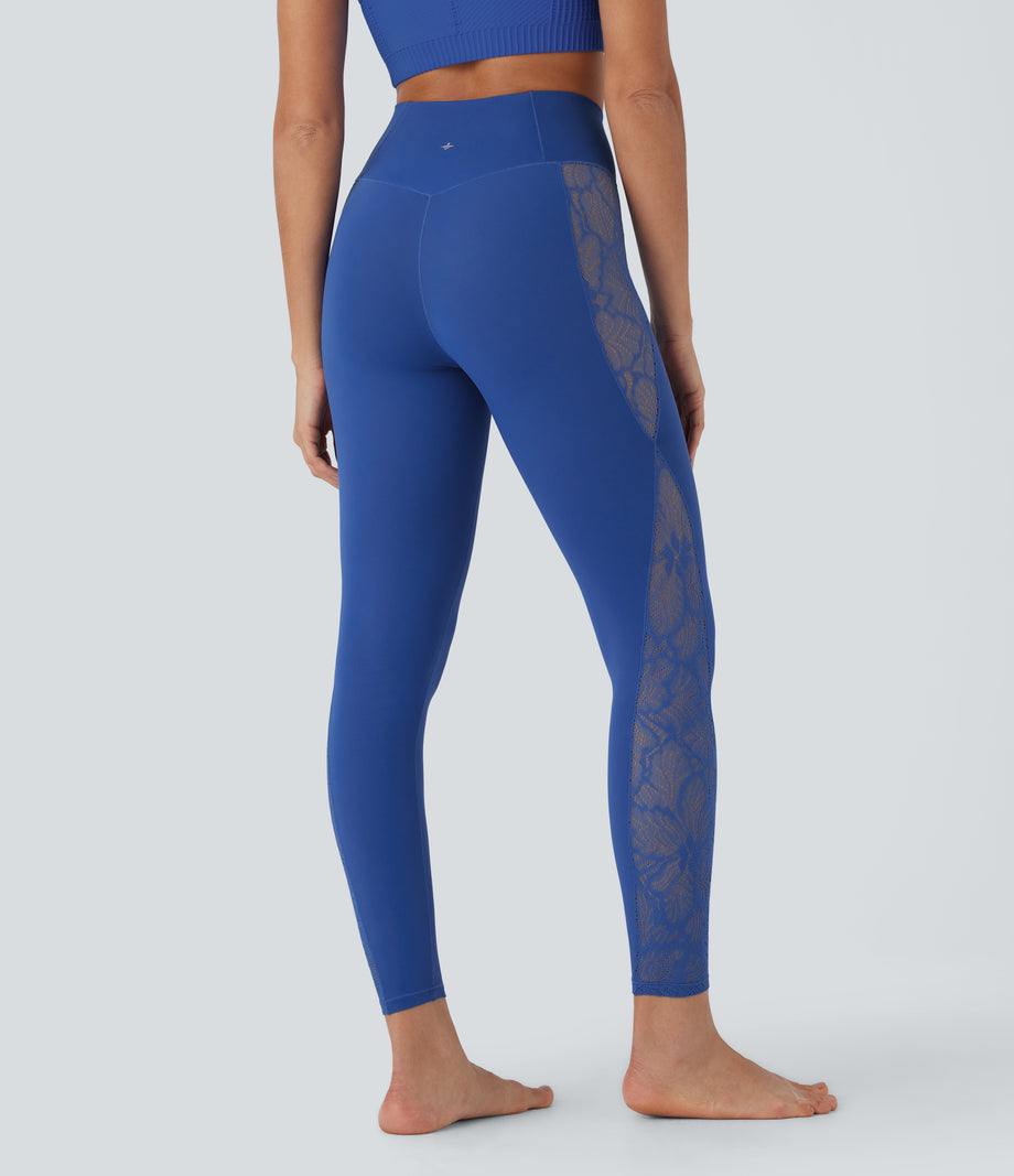 SoftlyZero™ High Waisted Crossover Contrast Lace Pocket Yoga Leggings-UPF50+ - Beaucoup Blue