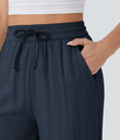 High Waisted Drawstring Pocket Wide Leg Baggy Casual Linen-Feel Pants - Dark Blue