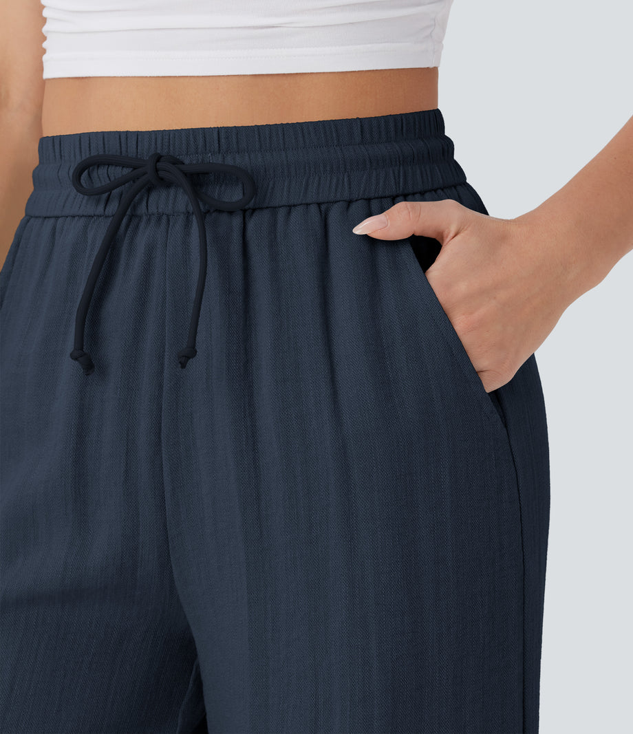 High Waisted Drawstring Pocket Wide Leg Baggy Casual Linen-Feel Pants - Dark Blue