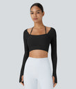 Ribbed Halter Strap Thumb Hole Cropped Yoga Sports Top - Black