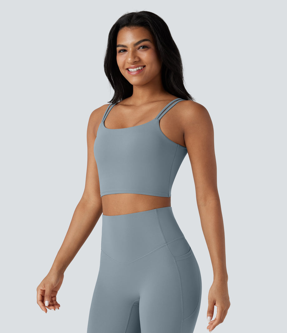 Halara UltraSculpt™ Double Straps Twisted Backless Cropped Yoga Tank Top - Blue Flower Gray