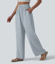 High Waisted Drawstring Wide Leg Casual Linen-Blend Pants with Pockets - Baby Blue