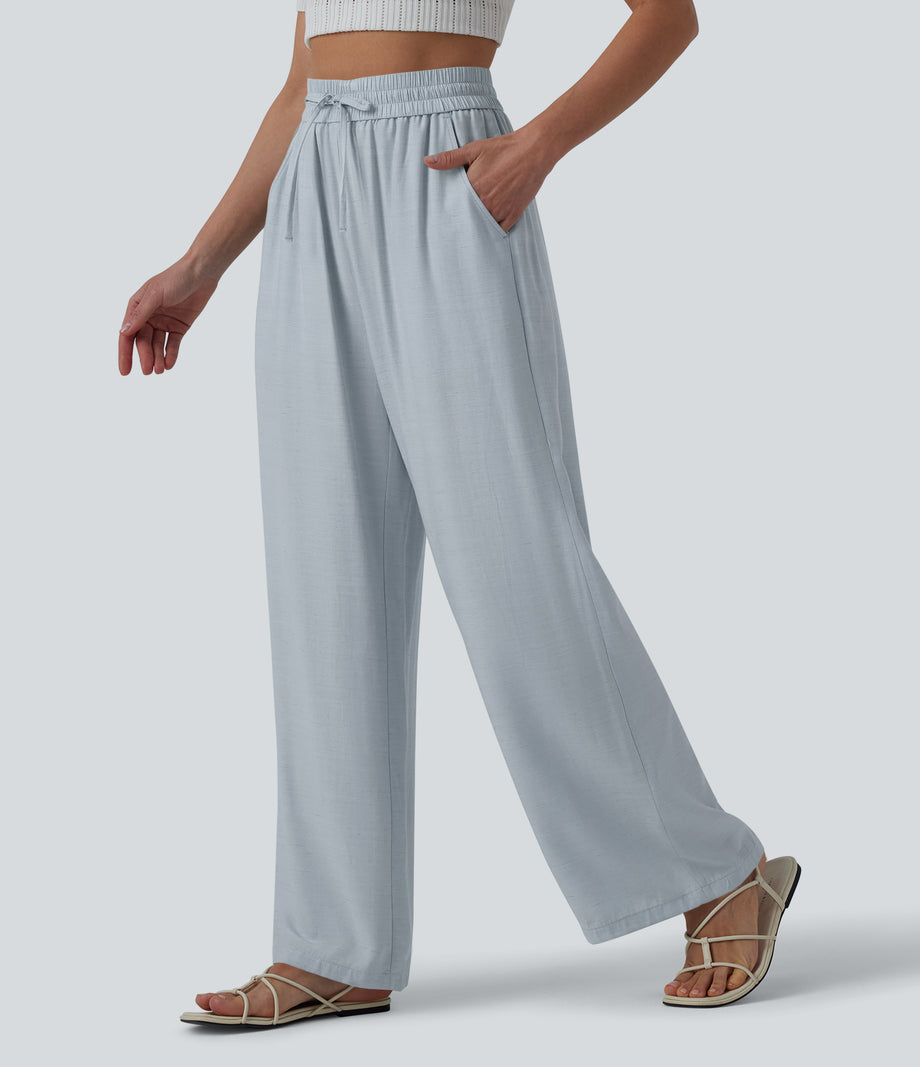High Waisted Drawstring Wide Leg Casual Linen-Blend Pants with Pockets - Baby Blue