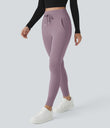 SoftlyZero™ Plush High Waisted Drawstring Pocket Plain Full Length Joggers - Mauve