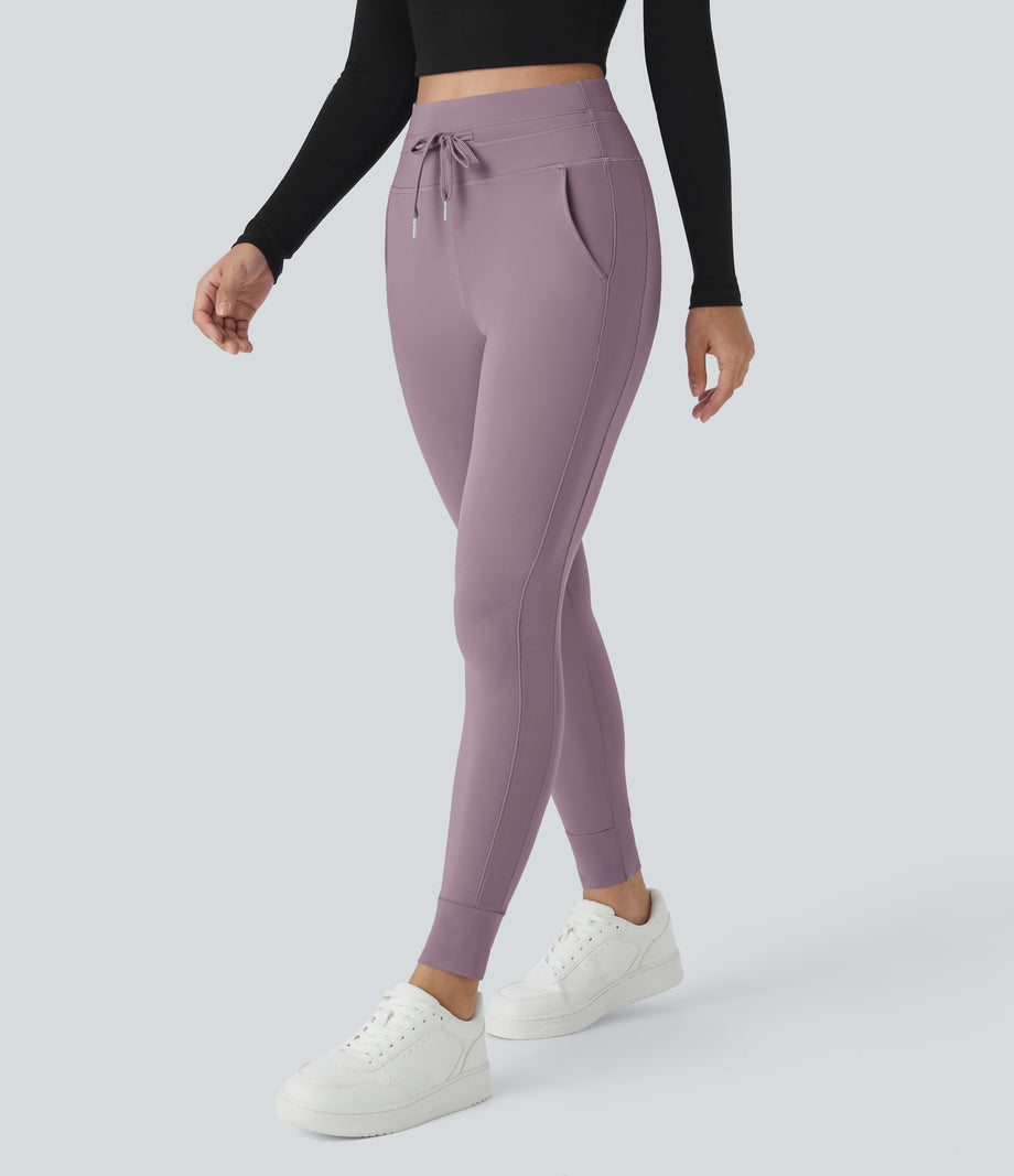 SoftlyZero™ Plush High Waisted Drawstring Pocket Plain Full Length Joggers - Mauve
