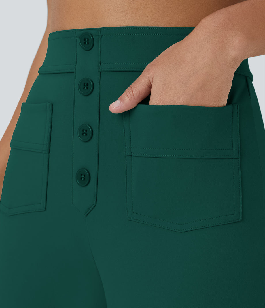 DayStretch High Waisted Pockets Straight Leg Casual Pants - Rain Forest