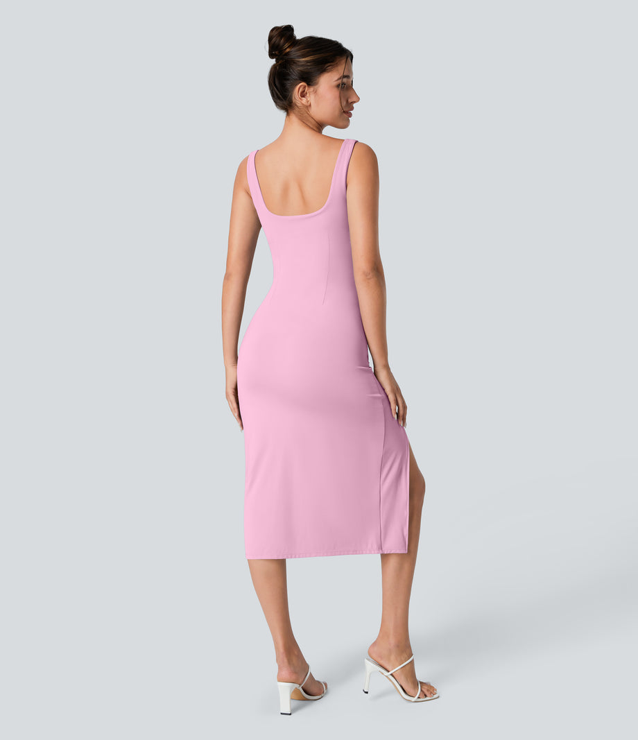 SoftlyZero™ Airy Square Neck Backless Corset Ruched Split Bodycon Midi Cool Touch Bridesmaid and Wedding Guest Dress - Nosegay