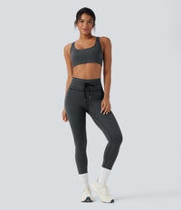 High Waisted Drawstring Striped Yoga Leggings with Pockets - Steel Stripe