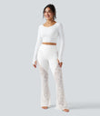Halara UltraSculpt™ High Waisted Tummy Control Contrast Lace Yoga Flare Leggings with Pocket - White