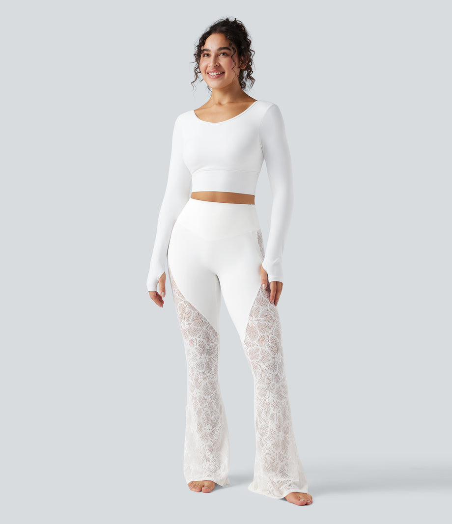 Halara UltraSculpt™ High Waisted Tummy Control Contrast Lace Yoga Flare Leggings with Pocket - White