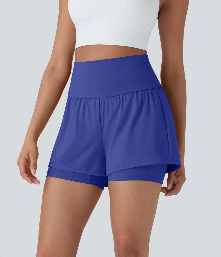 SoftlyZero™ Airy Super High Waisted 2-in-1 Cool Touch Yoga Shorts 5'' with Pockets - Aster Blue