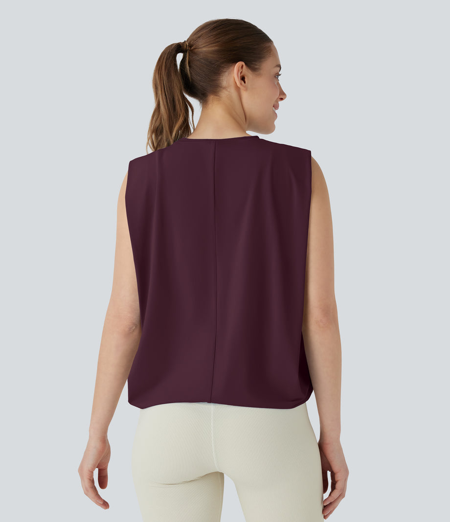 Round Neck Ruched Cool Touch Yoga Tank Top-UPF50+ - Fig