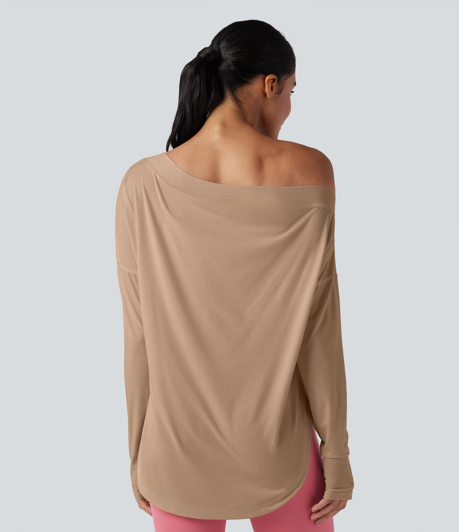 One Shoulder Long Sleeve Thumb Hole Curved Hem High Low Quick Dry Yoga Sports Top-Built-in Bra - Praline