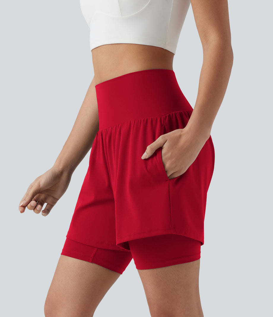 SoftlyZero™ Airy Super High Waisted 2-in-1 Cool Touch Yoga Shorts 7'' with Pockets - Salsa