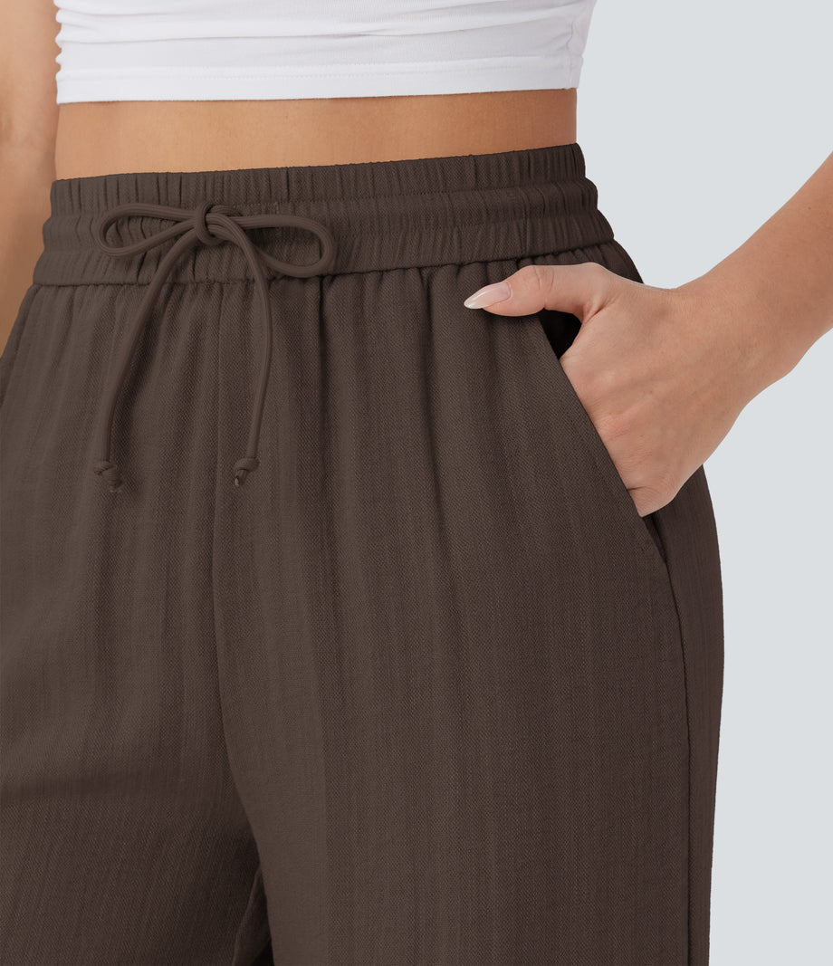 High Waisted Drawstring Pocket Wide Leg Baggy Casual Linen-Feel Pants - Chocolate Martini