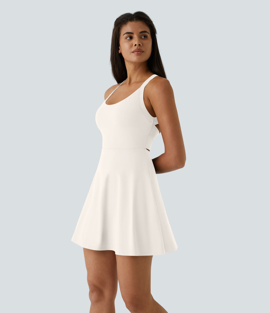 SoftlyZero™ Airy Backless Twisted Flare Low Support Dance Active Dress-Longer Length-Easy Peezy Edition A-D Cups - Egret