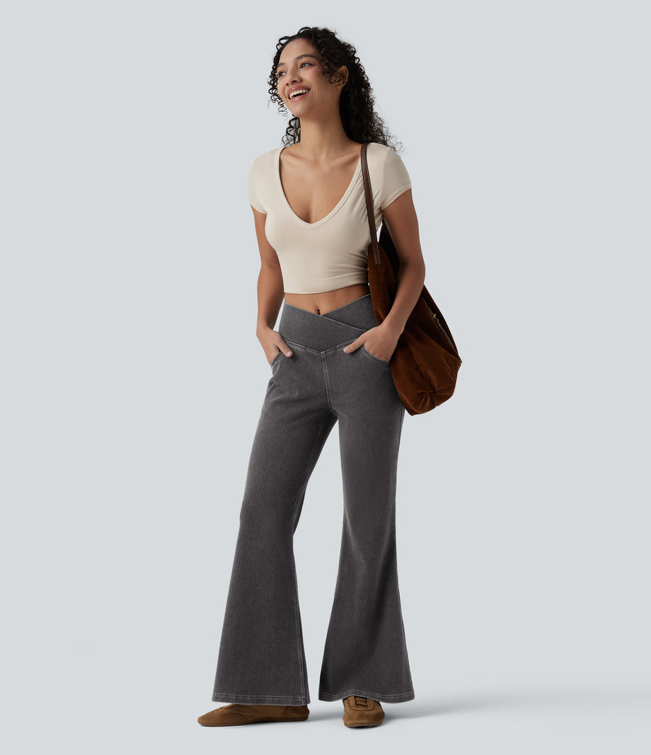 Halara Flex™ High Waisted Crossover Pocket Washed Casual Jeans - Cool Gray Denim