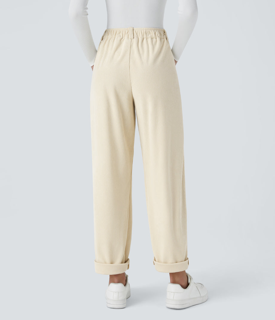 Mid Rise Zipper Pocket Corduroy Casual Pants - White Swan