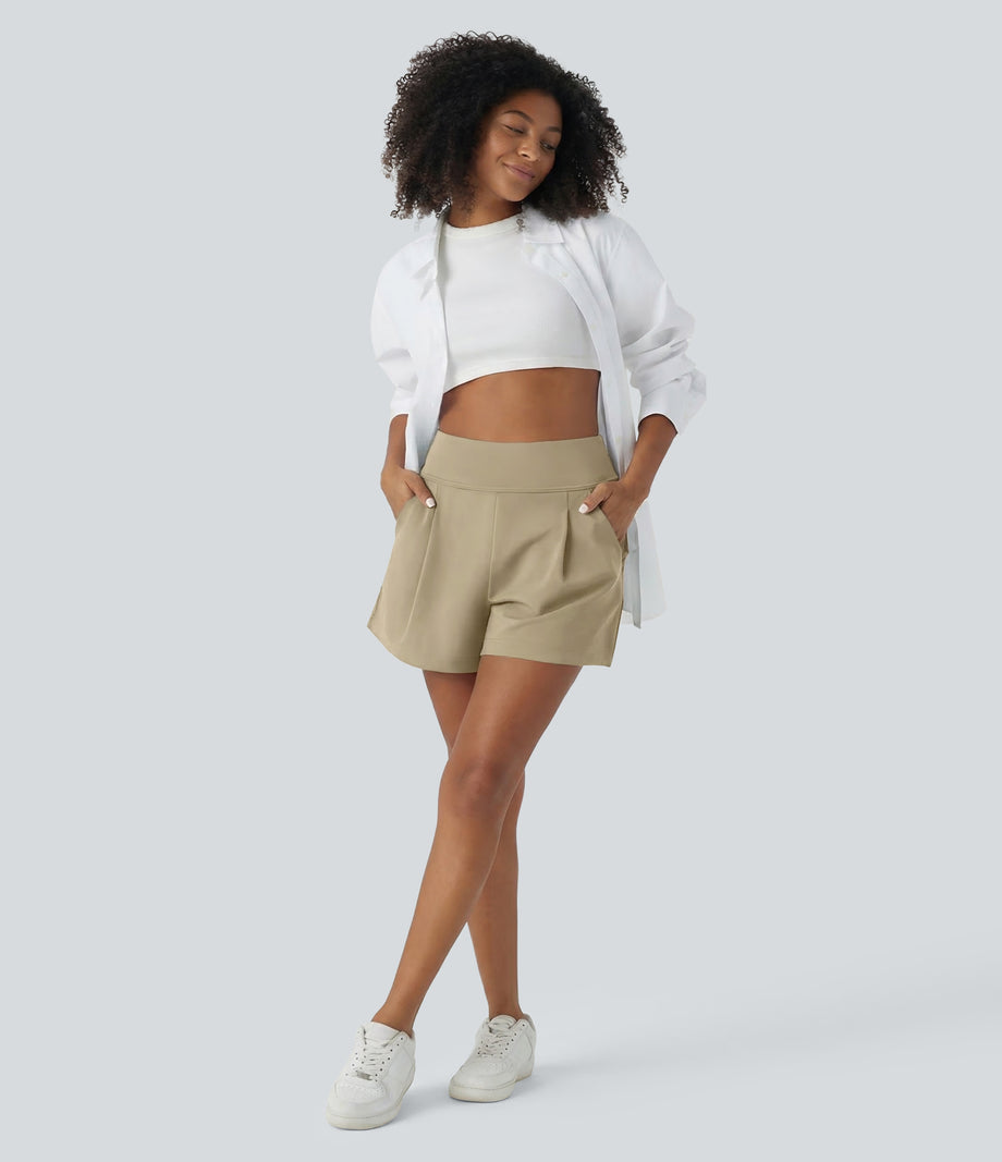 DayStretch High Waisted Work Baggy Shorts 4'' with Pockets - Fields of Rye