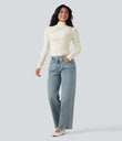 Mock-neck Long Sleeve Ruched Asymmetric Hem Thermal Casual Top - Lily White