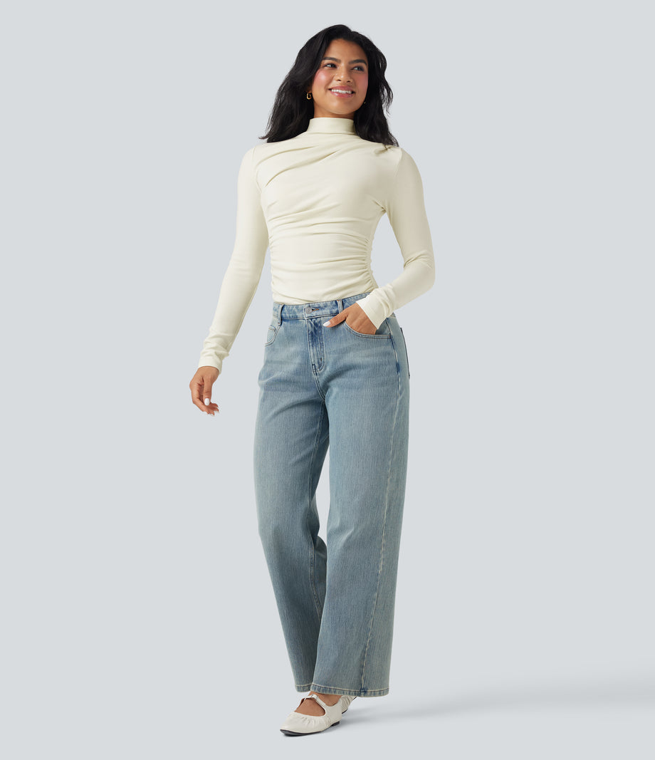 Mock-neck Long Sleeve Ruched Asymmetric Hem Thermal Casual Top - Lily White