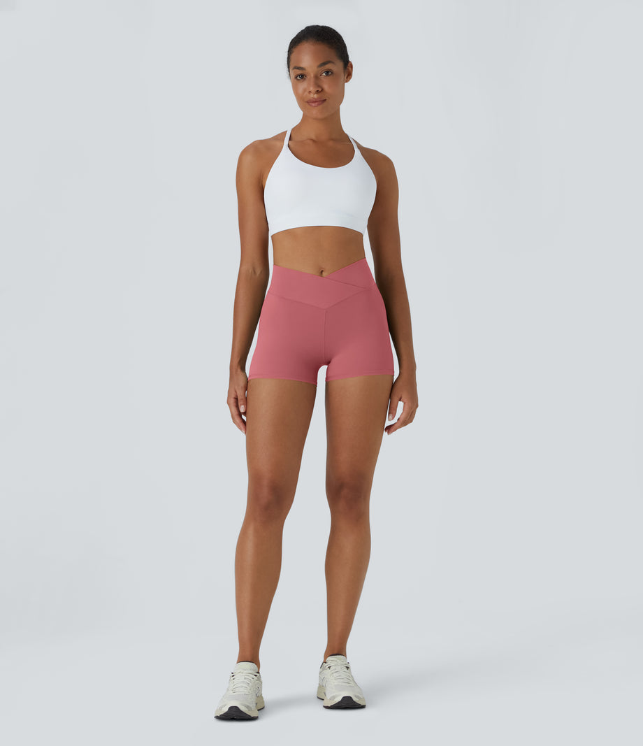 SoftlyZero™ High Waisted Crossover Plain Yoga Biker Shorts 3''-UPF50+ - Begonia Rouge