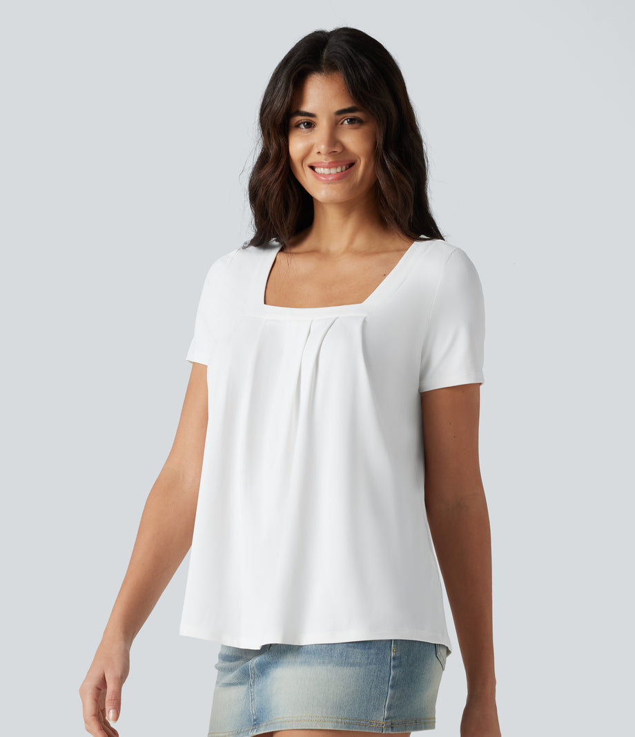 Square Neck Short Sleeve Casual Top - White