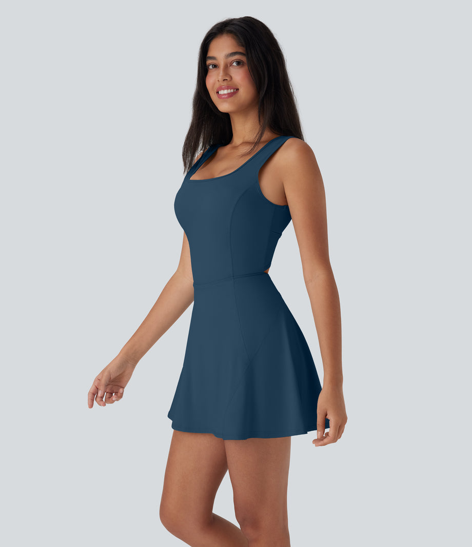 SoftlyZero™ Airy U Neck 2-in-1 Pocket Mini Cool Touch Dance Active Dress-Easy Peezy - Majolica Blue