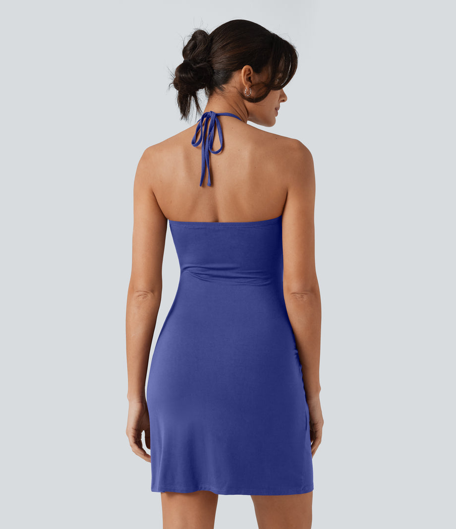 Halter Tie Back Mini Resort Dress with Pockets - Orchid Purple