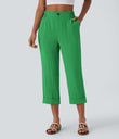 High Waisted Zipper Pocket Cropped Linen-Feel Pants - Kelly Green