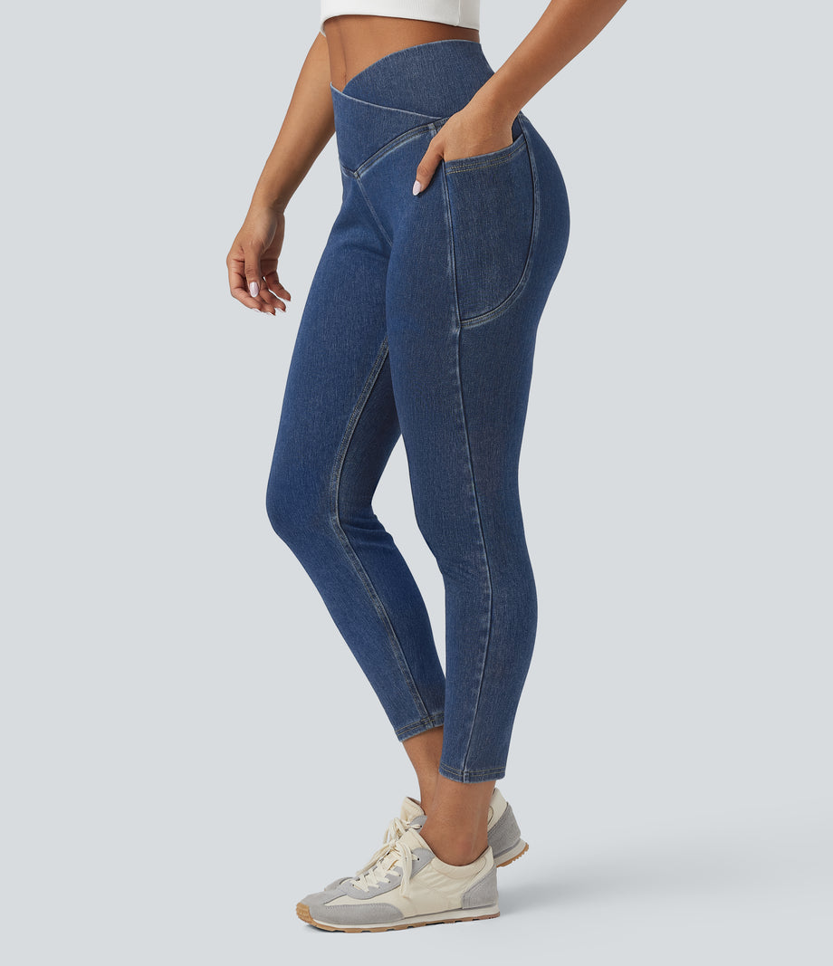 Halara Flex™ Crossover Pocket Washed Denim Work Leggings - Tide Blue Denim