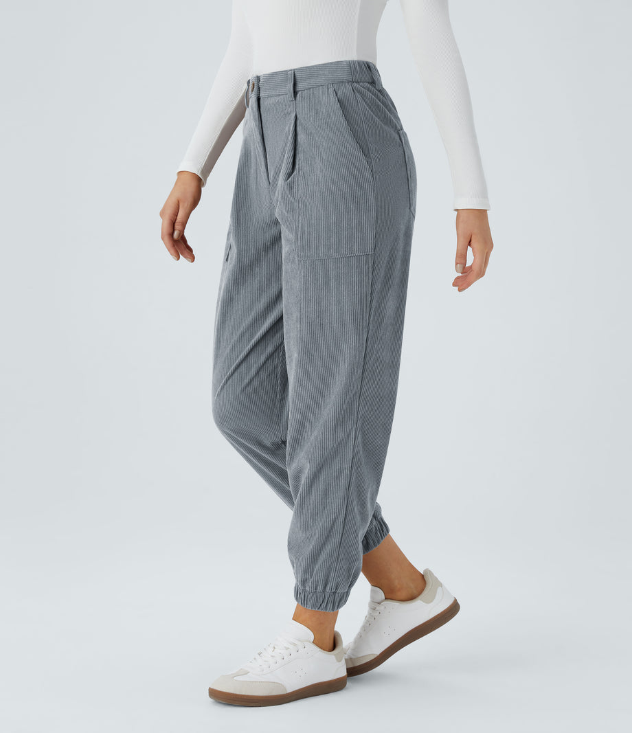 Mid Rise Zipper Pockets Corduroy Casual Joggers - Blue Flower Gray