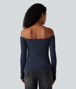 Ribbed Knit Off Shoulder Long Sleeve 2-in-1 Casual Top - Naval Academy