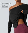 One Shoulder Long Sleeve Thumb Hole Curved Hem High Low Quick Dry Yoga Sports Top-Built-in Bra - Black