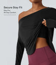 One Shoulder Long Sleeve Thumb Hole Curved Hem High Low Quick Dry Yoga Sports Top-Built-in Bra - Black