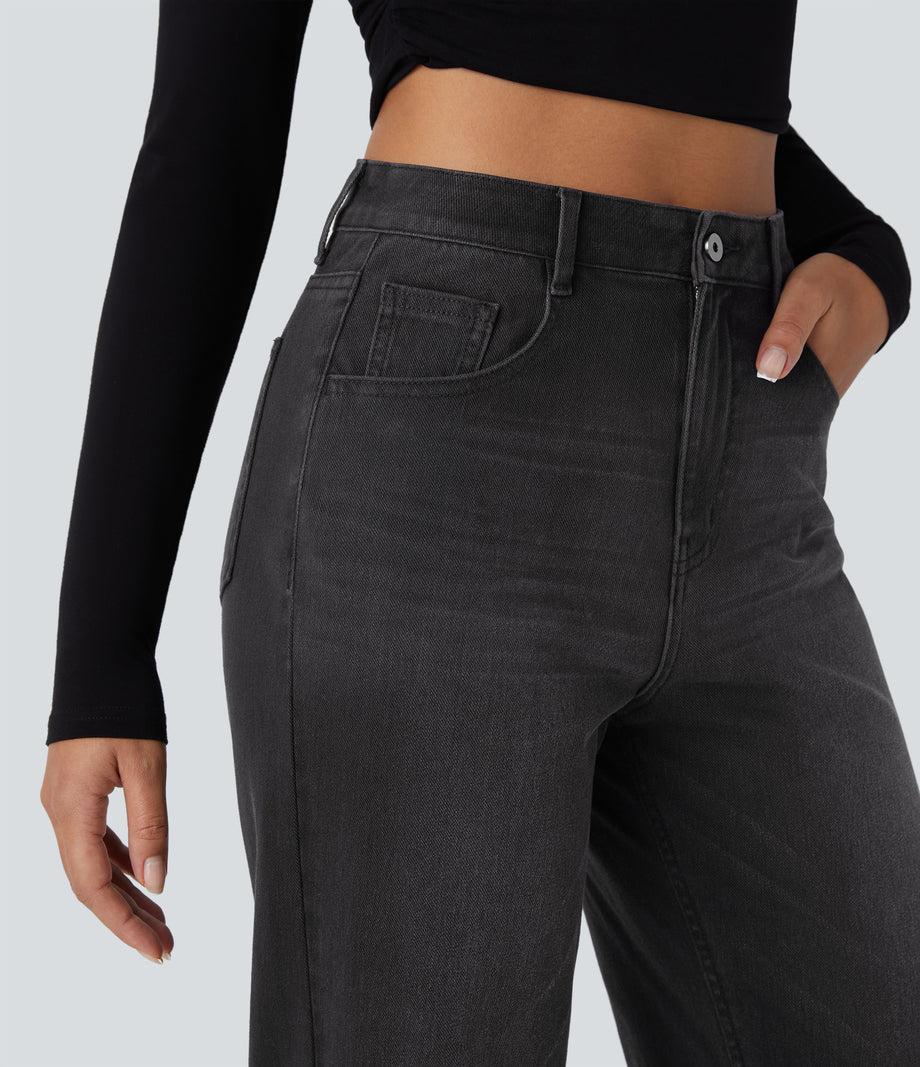 Halara Flex™ High Waisted Pockets Rolled Hem Wide Leg Washed Casual Jeans - Deep Ink Black Denim